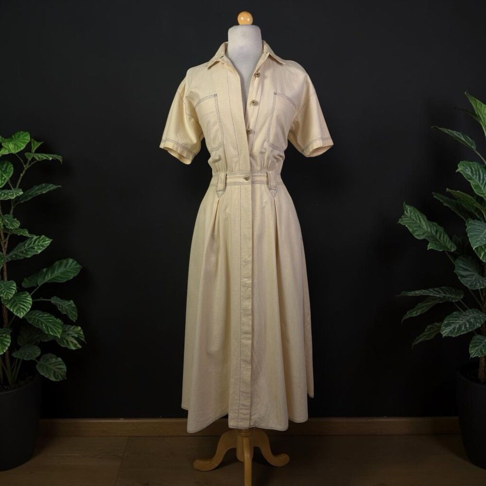 VTG Liz Claiborne 80s Cotton Safari Shirt Dress Midi Cream Utility Pleated Sz 4